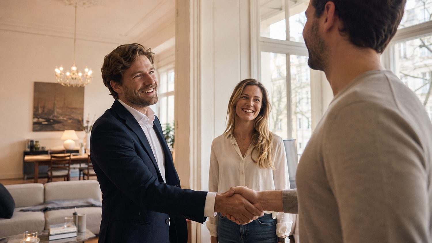Makler reicht einem Paar die Hand in heller Altbauwohnung