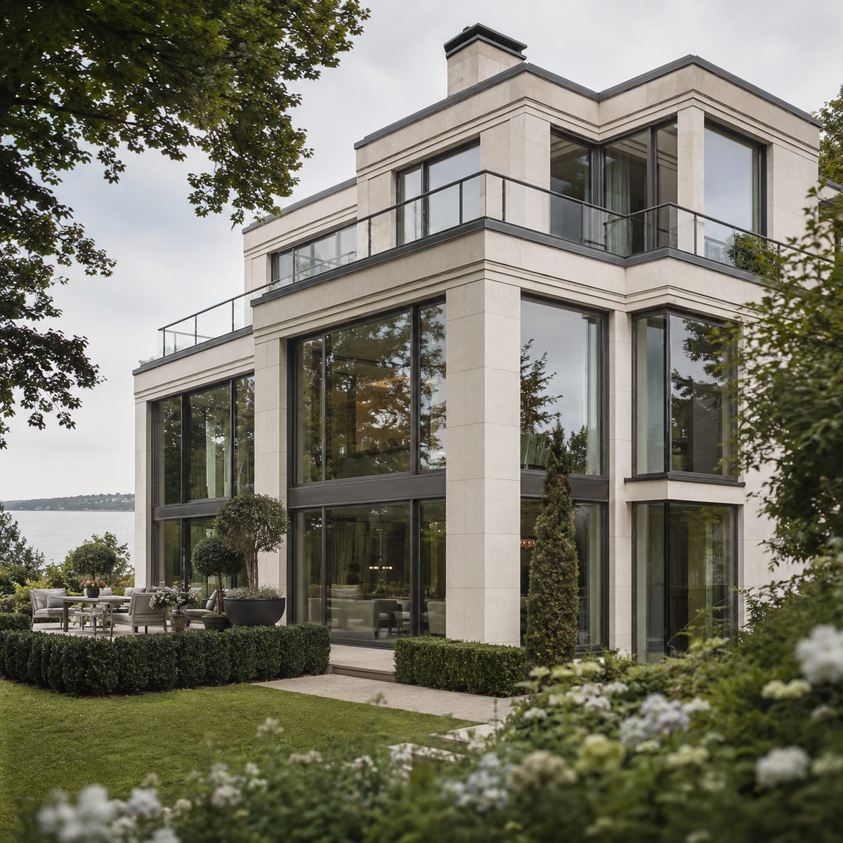 Moderne Stadtvilla mit großer Fensterfront und Garten in Blankenese