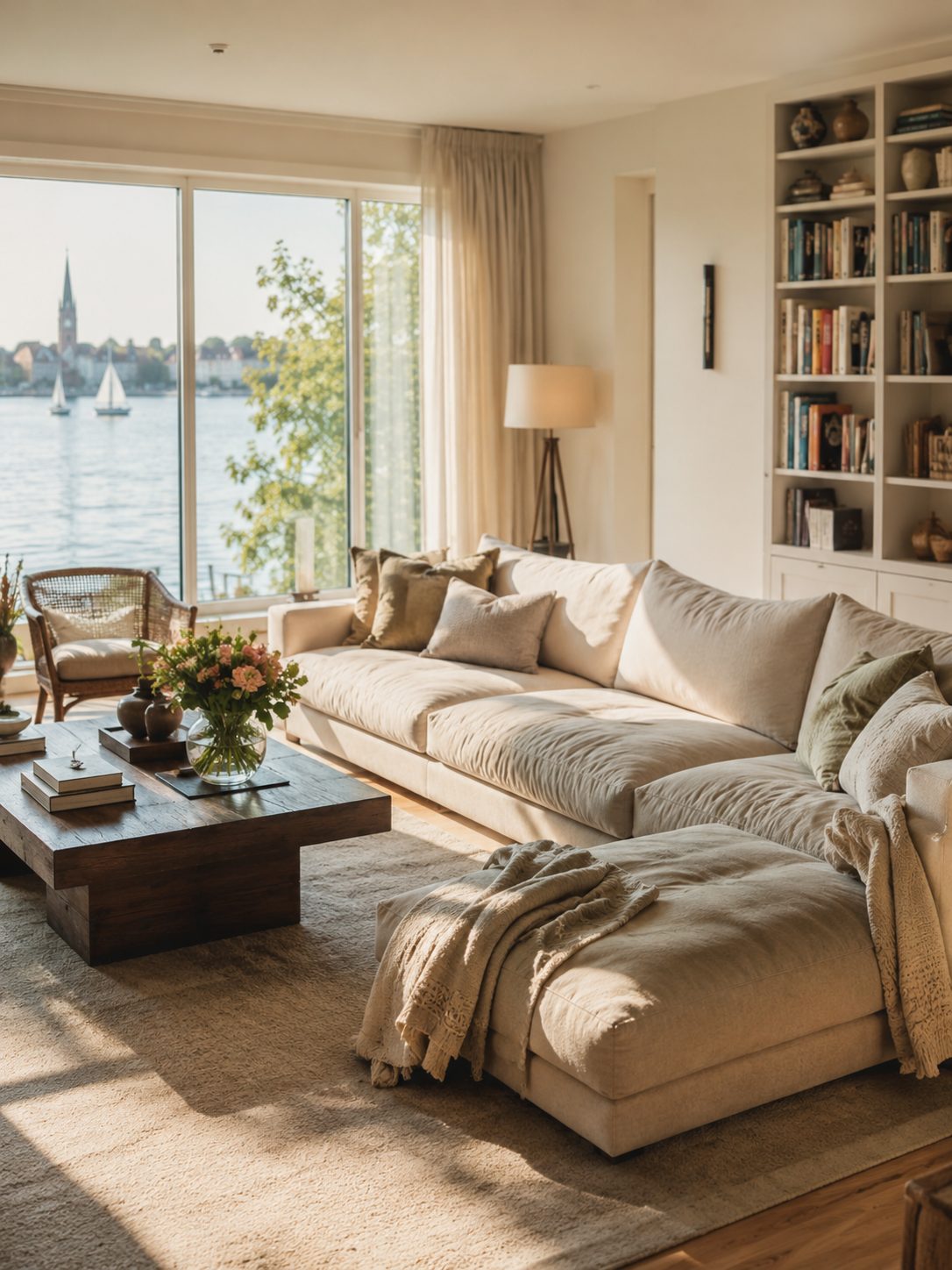 Lichtdurchflutetes Wohnzimmer mit Blick auf die Alster