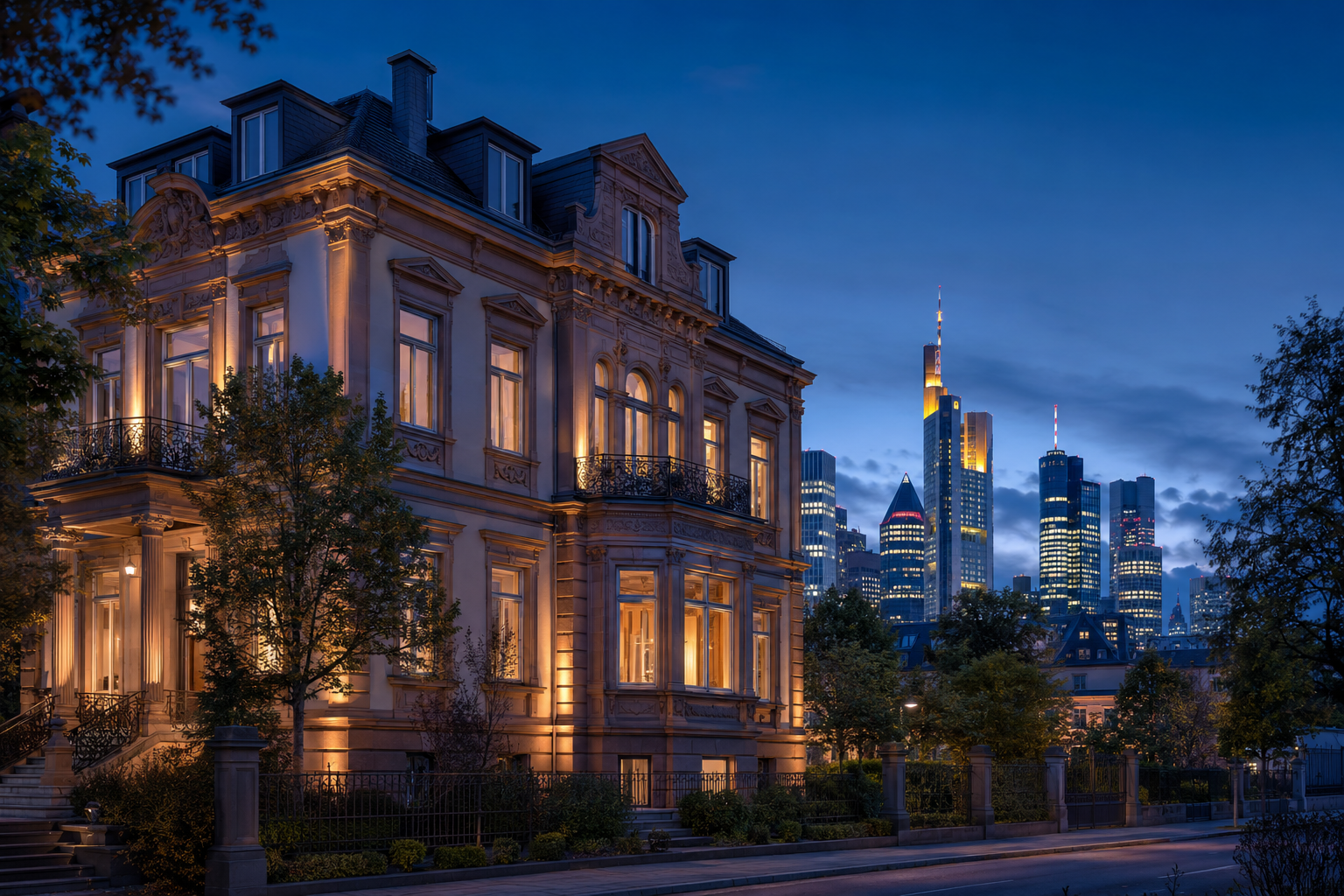 Gründerzeit-Villa im Frankfurter Westend mit Skyline des Bankenviertels in der blauen Stunde